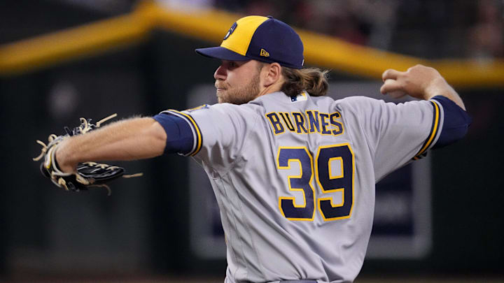 Sep 3, 2022; Phoenix, Arizona, USA; Milwaukee Brewers starting pitcher Corbin Burnes (39) throws against the Arizona Diamondbacks during the first inning at Chase Field. Mandatory Credit: Joe Camporeale-Imagn Images
