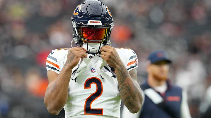 Chicago Bears wide receiver DJ Moore warms up prior to the game against the Las Vegas Raiders at Allegiant Stadium. Chicago Bears wide receiver DJ Moore warms up prior to the game against the Las Vegas Raiders at Allegiant Stadium.