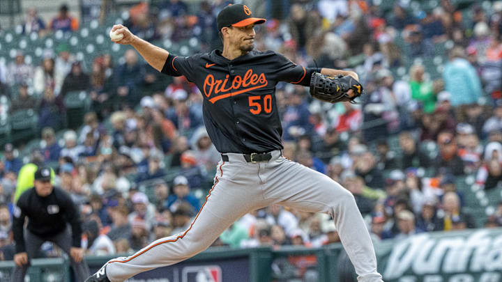 Apr 26, 2025; Detroit, Michigan, USA; Baltimore Orioles pitcher Charlie Morton (50) delivers in the second inning against the Detroit Tigers during game two of a double header at Comerica Park.