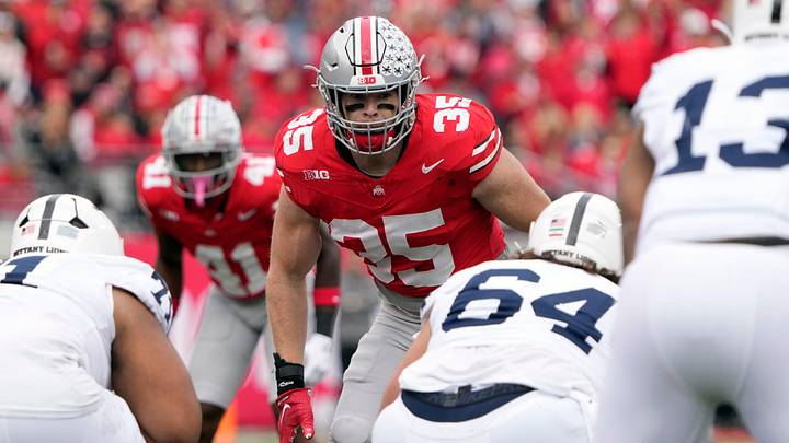 Oct 21, 2023; Columbus, Ohio, USA; Ohio State Buckeyes linebacker Tommy Eichenberg (35) watches the Penn State Nittany Lions office before the start of the play during the second quarter of their game at Ohio Stadium. Oct 21, 2023; Columbus, Ohio, USA; Ohio State Buckeyes linebacker Tommy Eichenberg (35) watches the Penn State Nittany Lions office before the start of the play during the second quarter of their game at Ohio Stadium.