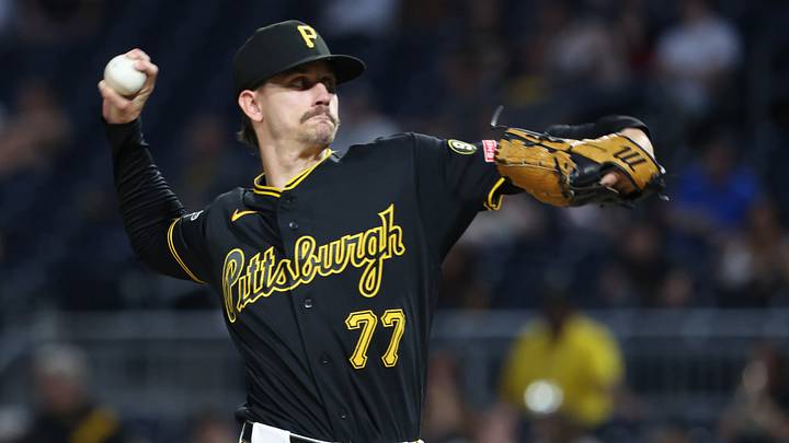 May 26, 2026; Pittsburgh, Pennsylvania, USA; Pittsburgh Pirates relief pitcher Brandan Bidois (77) pitches against the Chicago Cubs during the seventh inning at PNC Park. Mandatory Credit: Charles LeClaire-Imagn Images