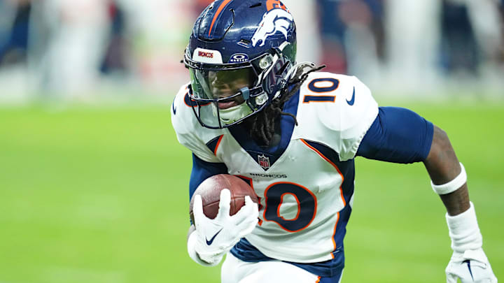 Jan 7, 2024; Paradise, Nevada, USA; Denver Broncos wide receiver Jerry Jeudy (10) gains yardage