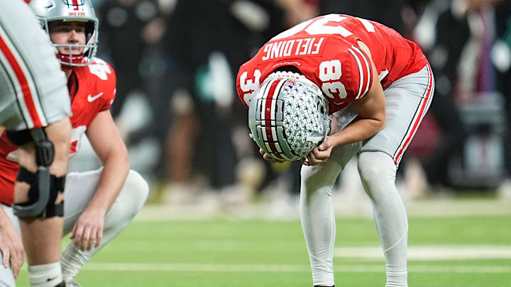 Ohio State Buckeyes kicker Jayden Fielding (38) reacts following a missed field goal during the Big Ten Conference championship game against the Indiana Hoosiers at Lucas Oil Stadium in Indianapolis on Dec. 6, 2025. Ohio State lost 13-10. Ohio State Buckeyes kicker Jayden Fielding (38) reacts following a missed field goal during the Big Ten Conference championship game against the Indiana Hoosiers at Lucas Oil Stadium in Indianapolis on Dec. 6, 2025. Ohio State lost 13-10.