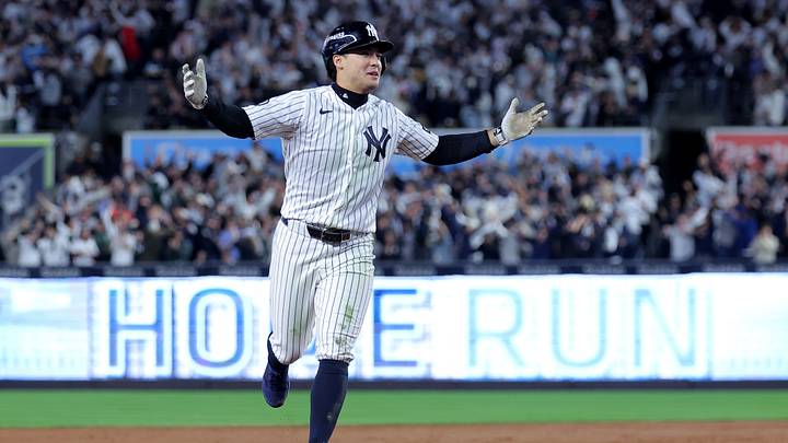 Oct 7, 2026; Bronx, New York, USA; New York Yankees second baseman Anthony Volpe (11) reacts as he rounds the bases after hitting a game-tying two run home run against the Tampa Bay Rays during the sixth inning of game three of the ALDS during the 2026 MLB Playoffs at Yankee Stadium. After review the umpires changed the call to spectator interference and Volpe was awarded an RBI double. Mandatory Credit: Brad Penner-Imagn Images Oct 7, 2026; Bronx, New York, USA; New York Yankees second baseman Anthony Volpe (11) reacts as he rounds the bases after hitting a game-tying two run home run against the Tampa Bay Rays during the sixth inning of game three of the ALDS during the 2026 MLB Playoffs at Yankee Stadium. After review the umpires changed the call to spectator interference and Volpe was awarded an RBI double. Mandatory Credit: Brad Penner-Imagn Images