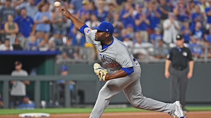 Jul 27, 2024; Kansas City, Missouri, USA;  Chicago Cubs relief pitcher Hector Neris (51) delivers a pitch in the ninth inning against the Kansas City Royals at Kauffman Stadium. Mandatory Credit: Peter Aiken-USA TODAY Sports