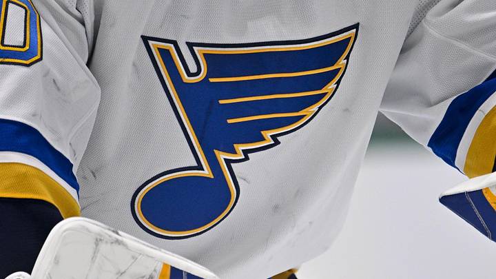 Dec 14, 2024; Dallas, Texas, USA; A view of the Blues logo on the jersey of St. Louis Blues goaltender Jordan Binnington (50) during the game between the Dallas Stars and the St. Louis Blues at American Airlines Center. Mandatory Credit: Jerome Miron-Imagn Images