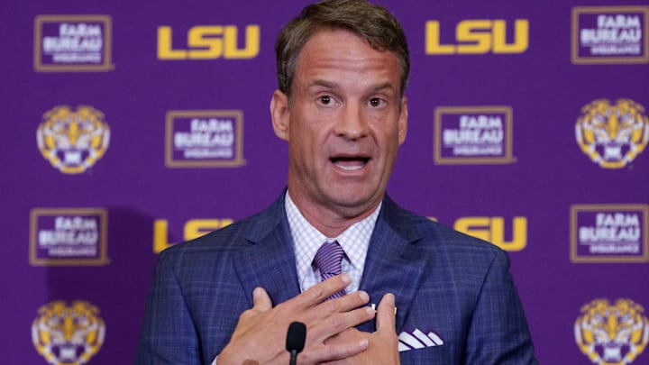 Dec 1, 2025; Baton Rouge, LA, USA; LSU new head coach Lane Kiffin speaks at South Stadium Club at Tiger Stadium. Mandatory Credit: Matthew Hinton-Imagn Images Dec 1, 2025; Baton Rouge, LA, USA; LSU new head coach Lane Kiffin speaks at South Stadium Club at Tiger Stadium. Mandatory Credit: Matthew Hinton-Imagn Images