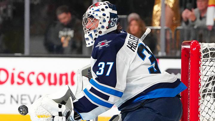 Apr 13, 2026; Las Vegas, Nevada, USA; Winnipeg Jets goaltender Connor Hellebuyck (37) warms up before the start of a game against the Vegas Golden Knights at T-Mobile Arena. Mandatory Credit: Stephen R. Sylvanie-Imagn Images Apr 13, 2026; Las Vegas, Nevada, USA; Winnipeg Jets goaltender Connor Hellebuyck (37) warms up before the start of a game against the Vegas Golden Knights at T-Mobile Arena. Mandatory Credit: Stephen R. Sylvanie-Imagn Images