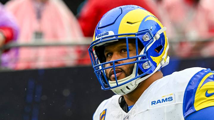 Dec 10, 2023; Baltimore, Maryland, USA;  Los Angeles Rams defensive tackle Aaron Donald (99) before the game against the Baltimore Ravens   at M&T Bank Stadium. Mandatory Credit: Tommy Gilligan-USA TODAY Sports