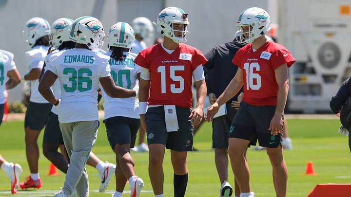 Miami Dolphins quarterback Cam Miller (15) and quarterback Mark Gronowski (16) work during rookie minicamp at the Baptist Health Training Complex. Miami Dolphins quarterback Cam Miller (15) and quarterback Mark Gronowski (16) work during rookie minicamp at the Baptist Health Training Complex.