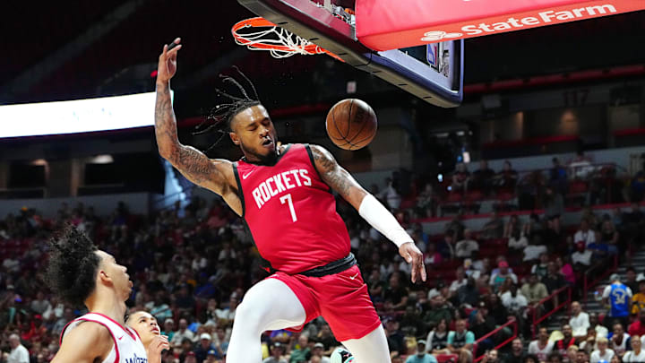 Jul 14, 2024; Las Vegas, NV, USA; Houston Rockets forward Cam Whitmore (7) dunks against the Washington Wizards during the third quarter at Thomas & Mack Center. Mandatory Credit: Stephen R. Sylvanie-Imagn Images Jul 14, 2024; Las Vegas, NV, USA; Houston Rockets forward Cam Whitmore (7) dunks against the Washington Wizards during the third quarter at Thomas & Mack Center. Mandatory Credit: Stephen R. Sylvanie-Imagn Images