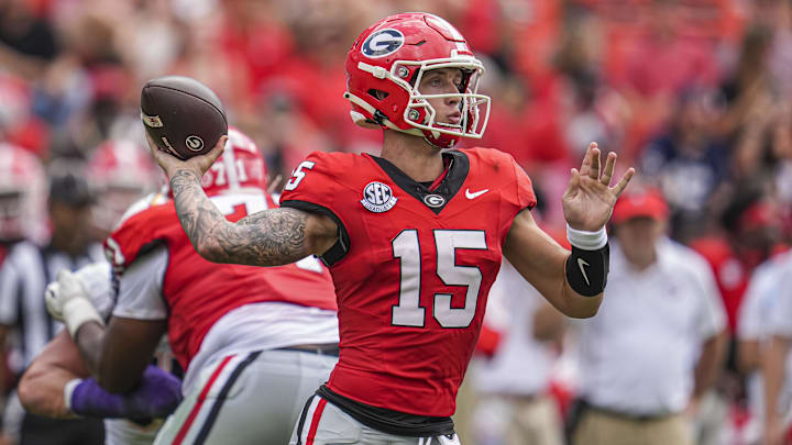 Sep 7, 2024; Athens, Georgia, USA; Georgia Bulldogs quarterback Carson Beck (15) passes the ball against the Tennessee Tech Golden Eagles during the second half at Sanford Stadium. Mandatory Credit: Dale Zanine-Imagn Images