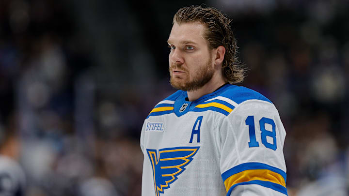 Dec 31, 2025; Denver, Colorado, USA; St. Louis Blues center Robert Thomas (18) before the game against the Colorado Avalanche at Ball Arena. Mandatory Credit: Isaiah J. Downing-Imagn Images Dec 31, 2025; Denver, Colorado, USA; St. Louis Blues center Robert Thomas (18) before the game against the Colorado Avalanche at Ball Arena. Mandatory Credit: Isaiah J. Downing-Imagn Images