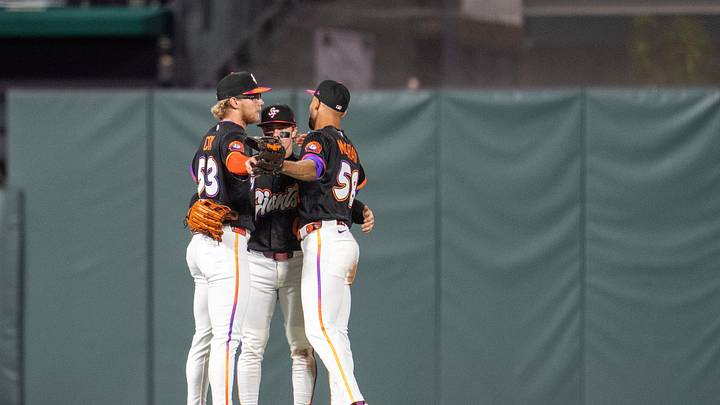 Aug 25, 2026; San Francisco, California, USA;  San Francisco Giants center fielder Jonah Cox (53) and San Francisco Giants right fielder Grant McCray (58) and San Francisco Giants center fielder Drew Gilbert (0) celebrate after the end of the against the Cincinnati Reds and at Oracle Park.  Mandatory Credit: Neville E. Guard-Imagn Images