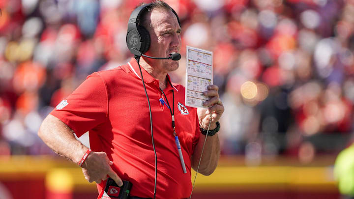 Sep 24, 2023; Kansas City, Missouri, USA; Kansas City Chiefs defensive coordinator Steve Spagnuolo watches play against the Chicago Bears during the game at GEHA Field at Arrowhead Stadium. Mandatory Credit: Denny Medley-Imagn Images