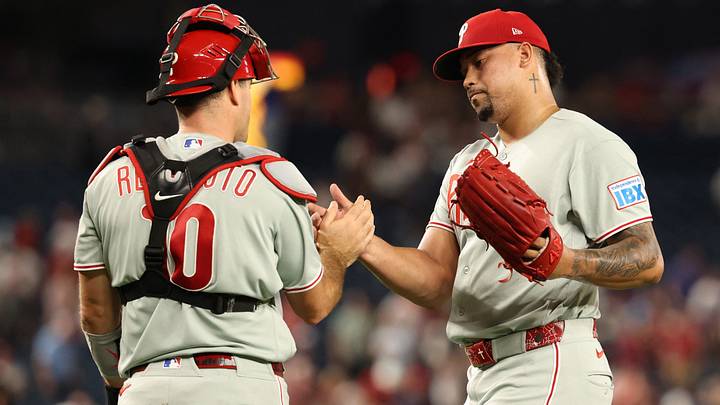 Sep 16, 2026; Washington, District of Columbia, USA; Philadelphia Phillies pitcher Jhoan Duran (59) celebrates with Phillies catcher J.T. Realmuto (10) after the final out against the Washington Nationals at Nationals Park. Mandatory Credit: Geoff Burke-Imagn Images