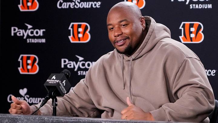 Newly signed Cincinnati Bengals defense tackle Dexter Lawrence speaks in a press conference for the first time since joining the team at Paycor Stadium in Cincinnati on Monday, April 20, 2026. Newly signed Cincinnati Bengals defense tackle Dexter Lawrence speaks in a press conference for the first time since joining the team at Paycor Stadium in Cincinnati on Monday, April 20, 2026.