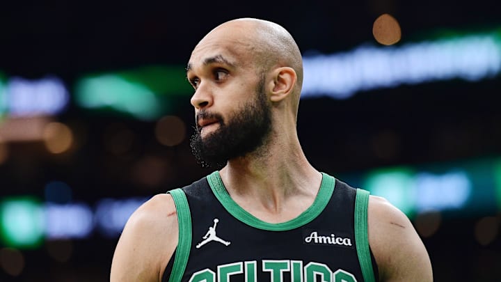 May 14, 2025; Boston, Massachusetts, USA; Boston Celtics guard Derrick White (9) in the first half during game five of the second round for the 2025 NBA Playoffs against the New York Knicks at TD Garden. Mandatory Credit: Bob DeChiara-Imagn Images