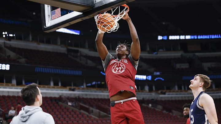 Mar 26, 2026; Chicago, IL, USA; Alabama Crimson Tide forward Aiden Sherrell (22) dunks the ball during a practice session ahead of the Midwest regional of the men's 2026 NCAA Tournament at United Center. Mandatory Credit: Kamil Krzaczynski-Imagn Images