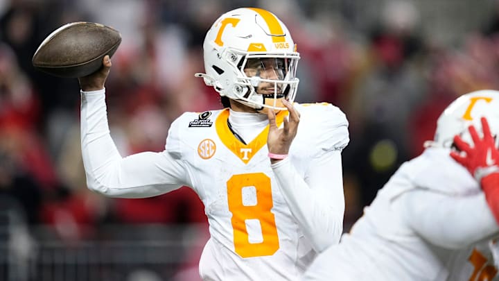 Tennessee Volunteers quarterback Nico Iamaleava (8) throws during the second half of the College Football Playoff first round game against the Ohio State Buckeyes at Ohio Stadium in Columbus on Dec. 22, 2024. Ohio State won 42-17.