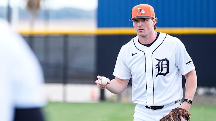 Detroit Tigers pitcher Tyler Mattison practices during spring training at TigerTown in Lakeland, Fla. on Sunday, Feb. 15, 2026.