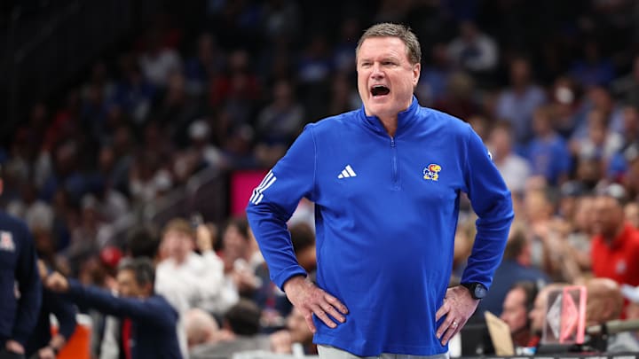 Mar 13, 2025; Kansas City, MO, USA; Kansas Jayhawks coach Bill Self reacts to game play during the second half against the Arizona Wildcats at T-Mobile Center. Mandatory Credit: William Purnell-Imagn Images Mar 13, 2025; Kansas City, MO, USA; Kansas Jayhawks coach Bill Self reacts to game play during the second half against the Arizona Wildcats at T-Mobile Center. Mandatory Credit: William Purnell-Imagn Images