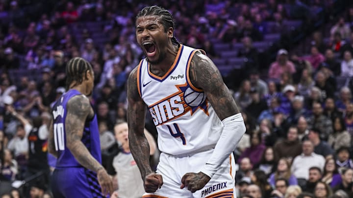 Mar 3, 2026; Sacramento, California, USA; Phoenix Suns guard Jalen Green (4) reacts after dunking the ball during the second quarter against the Sacramento Kings at Golden 1 Center. Mandatory Credit: Justine Willard-Imagn Images