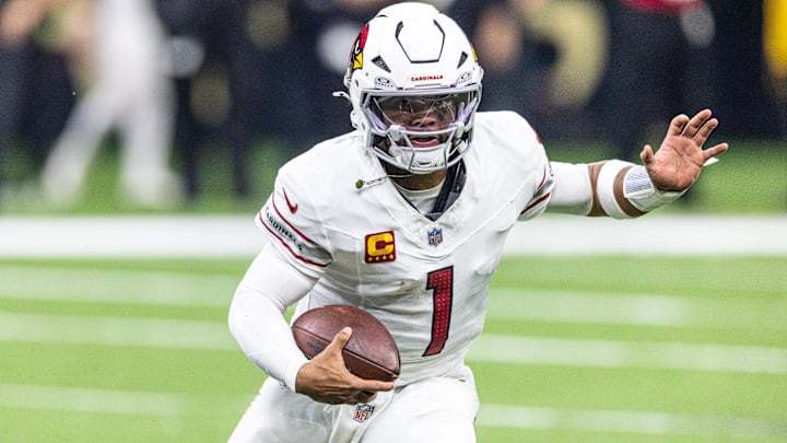Sep 7, 2025; New Orleans, Louisiana, USA; Arizona Cardinals quarterback Kyler Murray (1) against the New Orleans Saints during the second half at Caesars Superdome. Mandatory Credit: Stephen Lew-Imagn Images
