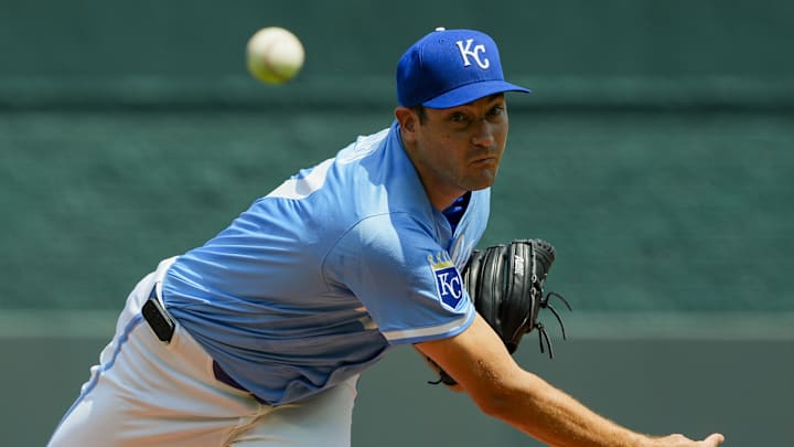 Aug 13, 2025; Kansas City, Missouri, USA; Kansas City Royals starting pitcher Seth Lugo (67) pitches during the first inning against the Washington Nationals at Kauffman Stadium. Mandatory Credit: Jay Biggerstaff-Imagn Images