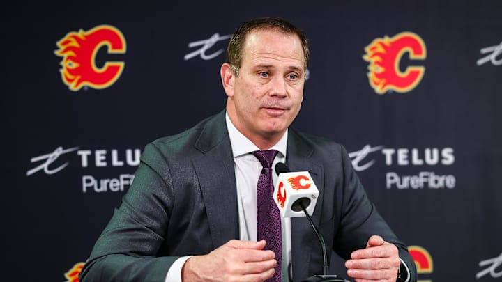 Jan 30, 2025; Calgary, Alberta, CAN; Calgary Flames general manager Craig Conroy during interview after the game against the Anaheim Ducks at Scotiabank Saddledome. Mandatory Credit: Sergei Belski-Imagn Images