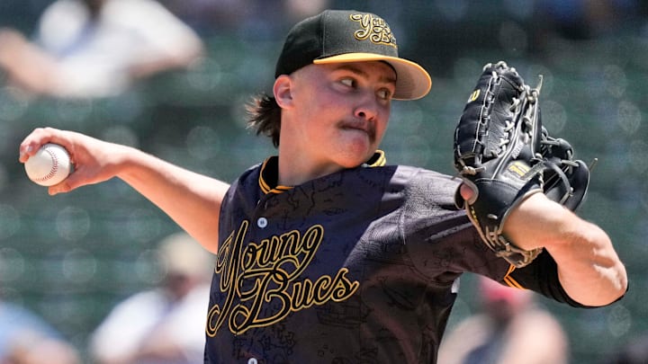 Indianapolis Indians starting pitcher Bubba Chandler (53) throws to Louisville Bats outfielder Blake Dunn (32) during the third inning of a game Sunday, May 18, 2025, at Victory Field in Indianapolis.