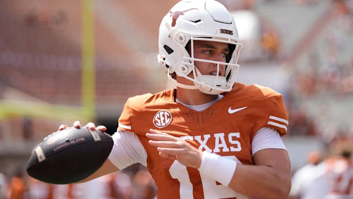 Sep 13, 2025; Austin, Texas, USA; Texas Longhorns quarterback Arch Manning (16) warms up before a game against the Texas El Paso Miners at Darrell K Royal-Texas Memorial Stadium. Mandatory Credit: Scott Wachter-Imagn Images