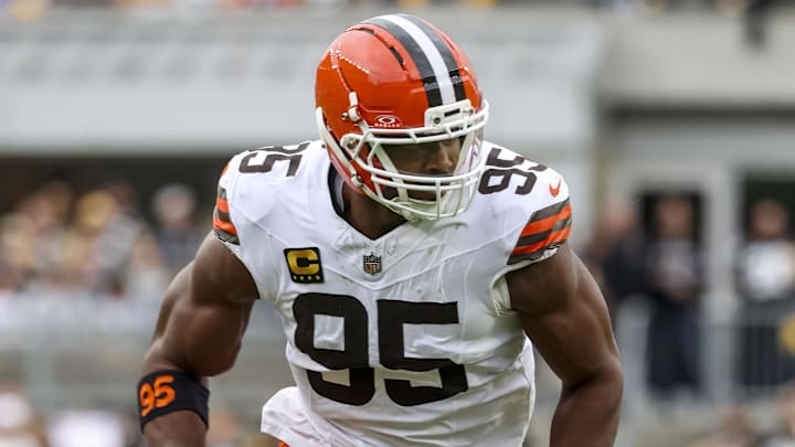 Oct 12, 2025; Pittsburgh, Pennsylvania, USA; Cleveland Browns defensive end Myles Garrett (95) reacts during the third quarter at Acrisure Stadium. Mandatory Credit: Charles LeClaire-Imagn Images