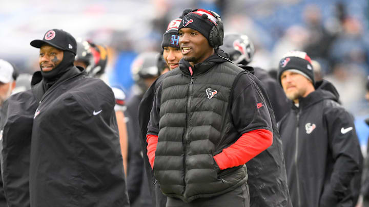 Jan 5, 2025; Nashville, Tennessee, USA;  Houston Texans head coach DeMeco Ryans watches from the sideline against the Tennessee Titans during the second half at Nissan Stadium. Mandatory Credit: Steve Roberts-Imagn Images