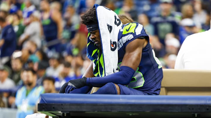 Seattle Seahawks cornerback Artie Burns (23) rides a cart to the locker room following an injury during the second quarter against the Cleveland Browns at Lumen Field last preseason.