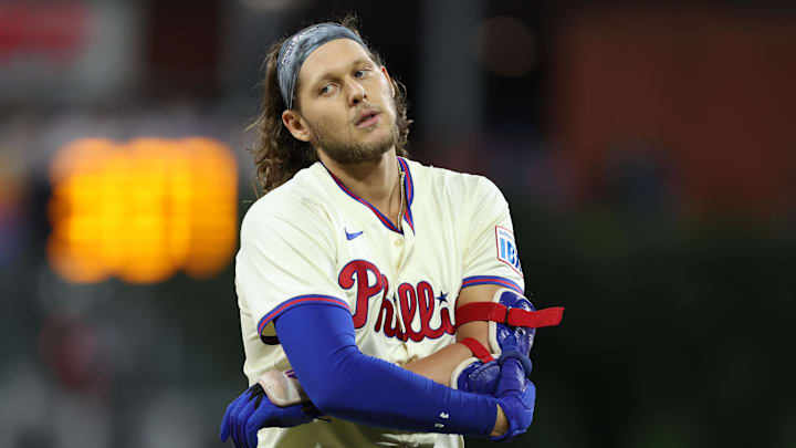 Oct 5, 2024; Philadelphia, PA, USA; Philadelphia Phillies third baseman Alec Bohm (28) reacts after the final out in the eighth inning against the New York Mets in game one of the NLDS for the 2024 MLB Playoffs at Citizens Bank Park. Oct 5, 2024; Philadelphia, PA, USA; Philadelphia Phillies third baseman Alec Bohm (28) reacts after the final out in the eighth inning against the New York Mets in game one of the NLDS for the 2024 MLB Playoffs at Citizens Bank Park.
