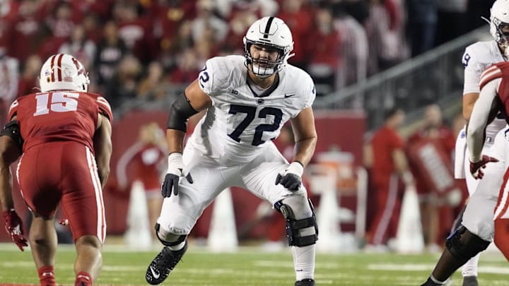 Oct 26, 2024; Madison, Wisconsin, USA;  Penn State Nittany Lions offensive linenam Nolan Rucci (72) during the game against the Wisconsin Badgers at Camp Randall Stadium. Mandatory Credit: Jeff Hanisch-Imagn Images