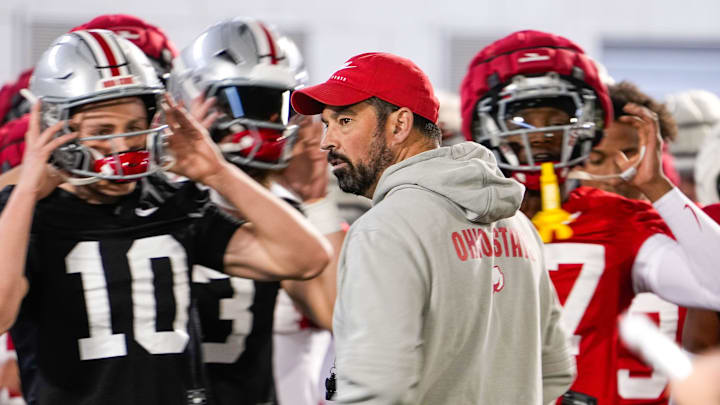 Ohio State Buckeyes head coach Ryan Day speaks to his players during spring football practice at the Woody Hayes Athletic Center on Wednesday, March 19, 2025 in Columbus, Ohio.