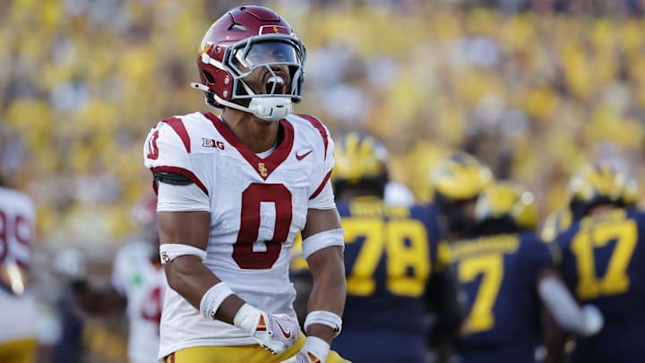 Sep 21, 2024; Ann Arbor, Michigan, USA;  USC Trojans safety Akili Arnold (0) celebrates in the second half against the Michigan Wolverines at Michigan Stadium. Mandatory Credit: Rick Osentoski-Imagn Images