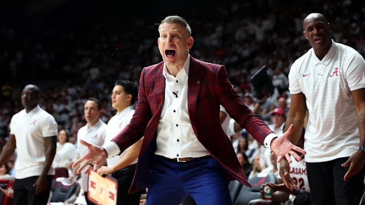 Jan 24, 2026; Tuscaloosa, Alabama, USA; Alabama Crimson Tide head coach Nate Oats reacts to a no-call during the second half against the Tennessee Volunteers at Coleman Coliseum. 