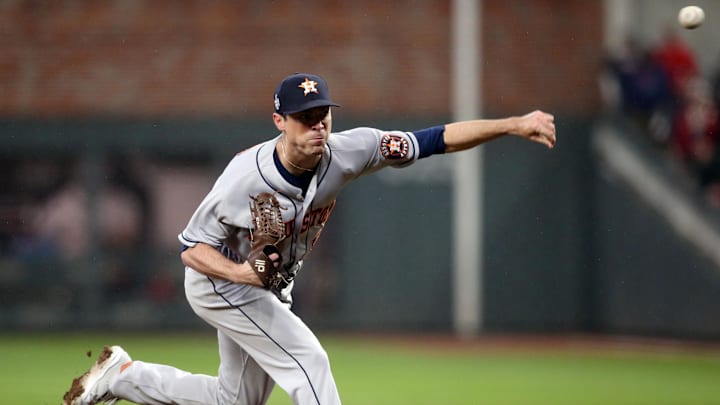 Oct 29, 2021; Atlanta, Georgia, USA; Houston Astros relief pitcher Brooks Raley (58) throws against the Atlanta Braves during the sixth inning during game three of the 2021 World Series at Truist Park. Oct 29, 2021; Atlanta, Georgia, USA; Houston Astros relief pitcher Brooks Raley (58) throws against the Atlanta Braves during the sixth inning during game three of the 2021 World Series at Truist Park.