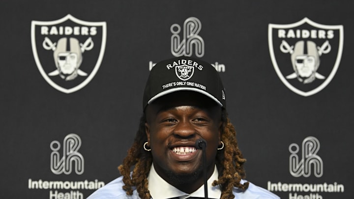 Apr 25, 2025; Henderson, NV, USA; Las Vegas Raiders first round draft pick in the 2025 NFL Draft Ashton Jeanty, speaks to the media at Intermountain Health Performance Center. Mandatory Credit: Candice Ward-Imagn Images