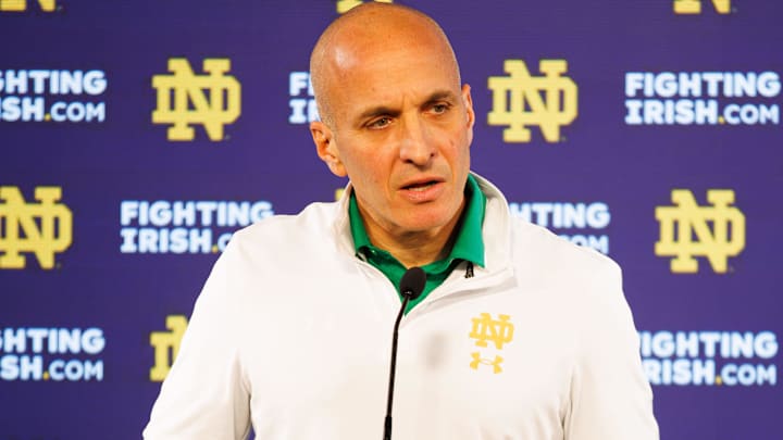 Notre Dame athletics director Pete Bevacqua speaks with media at Notre Dame Stadium on Monday, Dec. 17, 2024, in South Bend, Ind. Notre Dame athletics director Pete Bevacqua speaks with media at Notre Dame Stadium on Monday, Dec. 17, 2024, in South Bend, Ind.