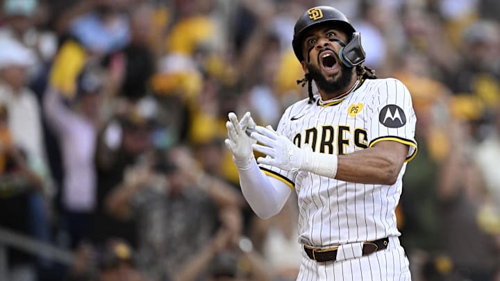 San Diego Padres outfielder Fernando Tatis Jr. reacts after hitting a two run home run against the Atlanta Braves during Game 1 of a National League Wild Card Series on Tuesday at Petco Park. San Diego Padres outfielder Fernando Tatis Jr. reacts after hitting a two run home run against the Atlanta Braves during Game 1 of a National League Wild Card Series on Tuesday at Petco Park.