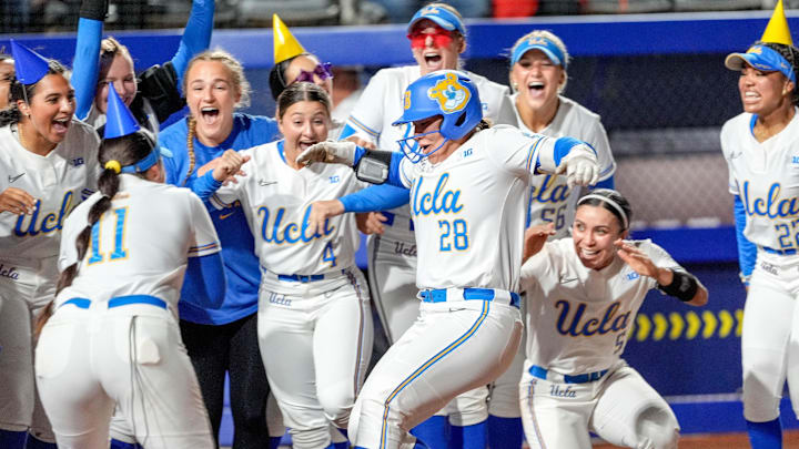 UCLA catcher Alexis Ramirez (28) runs home after hitting a home run in the fourth inning during a softball game between UCLA and Oregon at the Women’s College World Series at Devon Park in Oklahoma City, on Thursday, May 29, 2025. UCLA catcher Alexis Ramirez (28) runs home after hitting a home run in the fourth inning during a softball game between UCLA and Oregon at the Women’s College World Series at Devon Park in Oklahoma City, on Thursday, May 29, 2025.