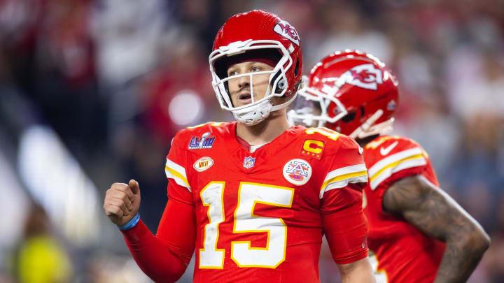 Feb 11, 2024; Paradise, Nevada, USA; Kansas City Chiefs quarterback Patrick Mahomes (15) celebrates a play against the San Francisco 49ers during Super Bowl LVIII at Allegiant Stadium. Mandatory Credit: Mark J. Rebilas-USA TODAY Sports