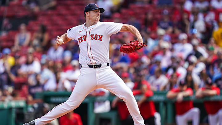 Aug 26, 2024; Boston, Massachusetts, USA; Boston Red Sox starting pitcher Nick Pivetta (37) throws a pitch against the Toronto Blue Jays in the second inning at Fenway Park. Mandatory Credit: David Butler II-Imagn Images