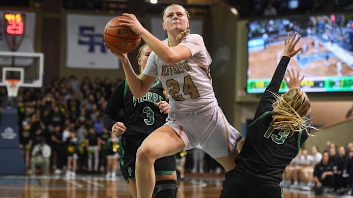 Jefferson's guard Brinley Altenburg (24) shoots the ball on Thursday, March 7, 2024 at Sanford Pentagon in Sioux Falls.