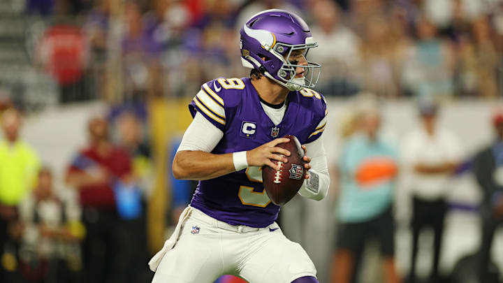 Sep 14, 2025; Minneapolis, Minnesota, USA; Minnesota Vikings quarterback J.J. McCarthy (9) looks to make a pass during the first half against the Atlanta Falcons at U.S. Bank Stadium.