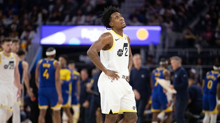 Jan 28, 2025; San Francisco, California, USA; Utah Jazz guard Collin Sexton (2) walks back to the bench during a timeout in the third quarter against the Golden State Warriors at Chase Center. Mandatory Credit: D. Ross Cameron-Imagn Images